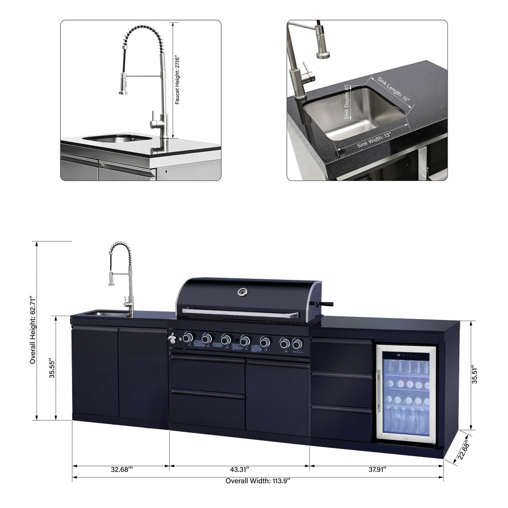 Xspracer "Outdoor Kitchen Island 114 Inch 6 Burner Propane Gas BBQ Grill 83500 BTU 304 Stainless Steel Black Color With CSA, ETL Certification + Sink + Refrigerator  "
