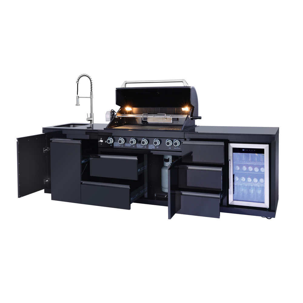 Xspracer "Outdoor Kitchen Island 114 Inch 6 Burner Propane Gas BBQ Grill 83500 BTU 304 Stainless Steel Black Color With CSA, ETL Certification + Sink + Refrigerator  "