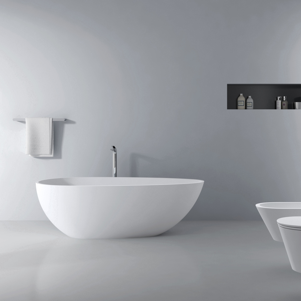 Foyil 67 in. x 34 in. Solid Surface Stone Resin Flatbottom Freestanding Bathtub Soaking Bathtub in Matte White