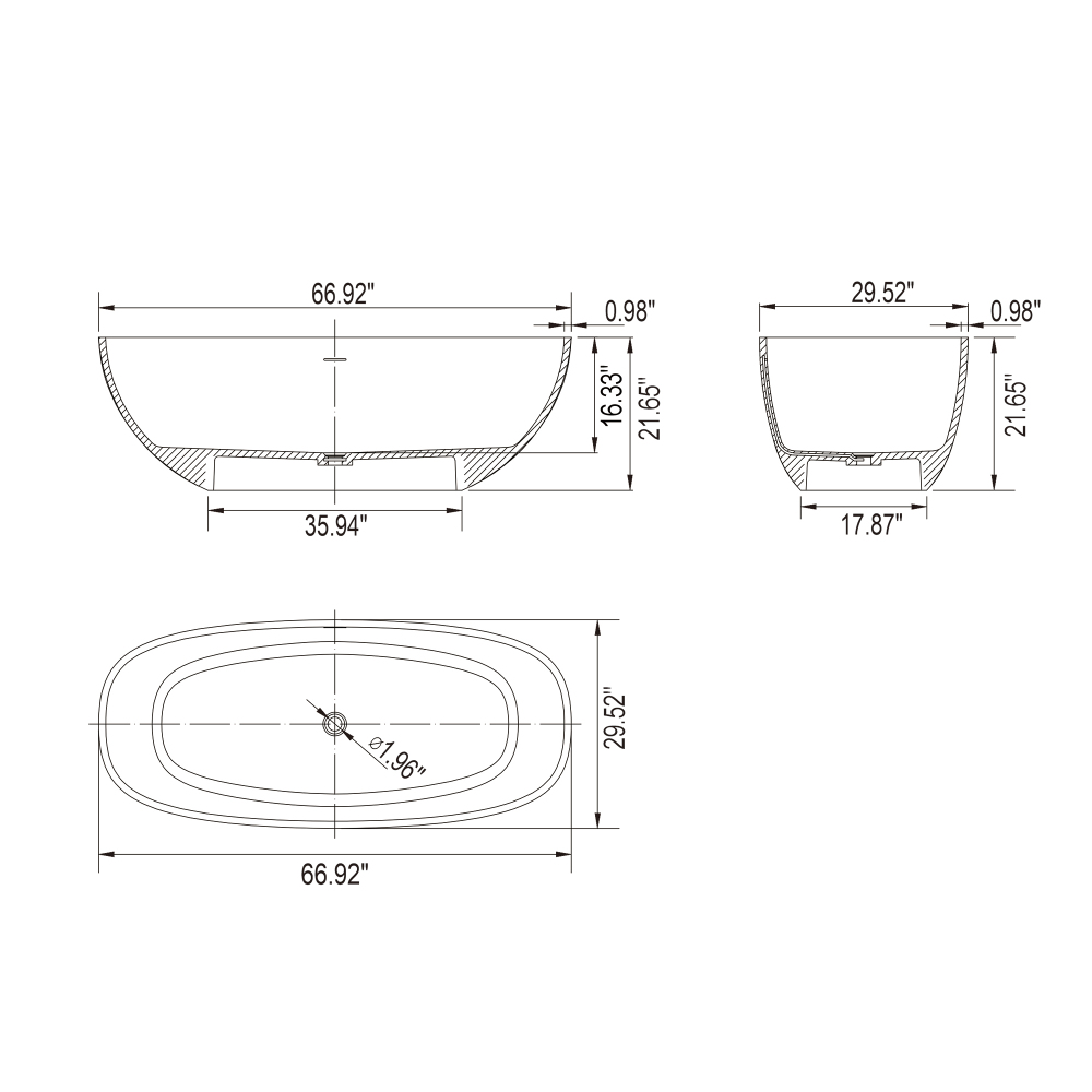 Moray 67 in. x 29.5 in. Solid Surface Stone Resin Flatbottom Freestanding Soaking Bathtub in Matte White
