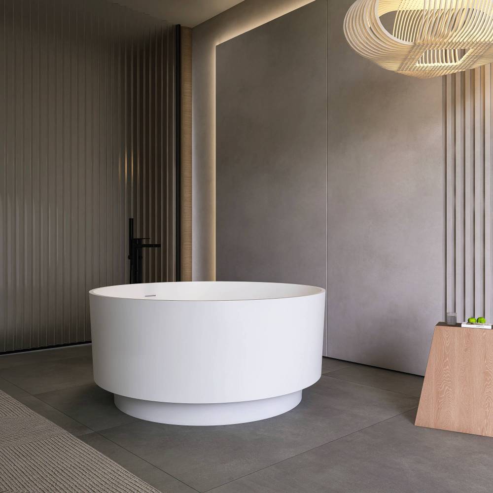 Moray 49 in. x 49 in. Round Solid Surface Stone Resin Flat Bottom Freestanding Soaking Bathtub in White