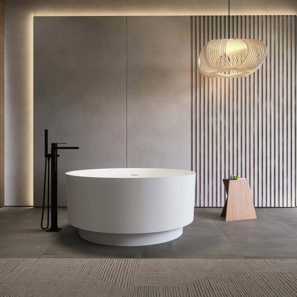 Moray 49 in. x 49 in. Round Solid Surface Stone Resin Flat Bottom Freestanding Soaking Bathtub in White