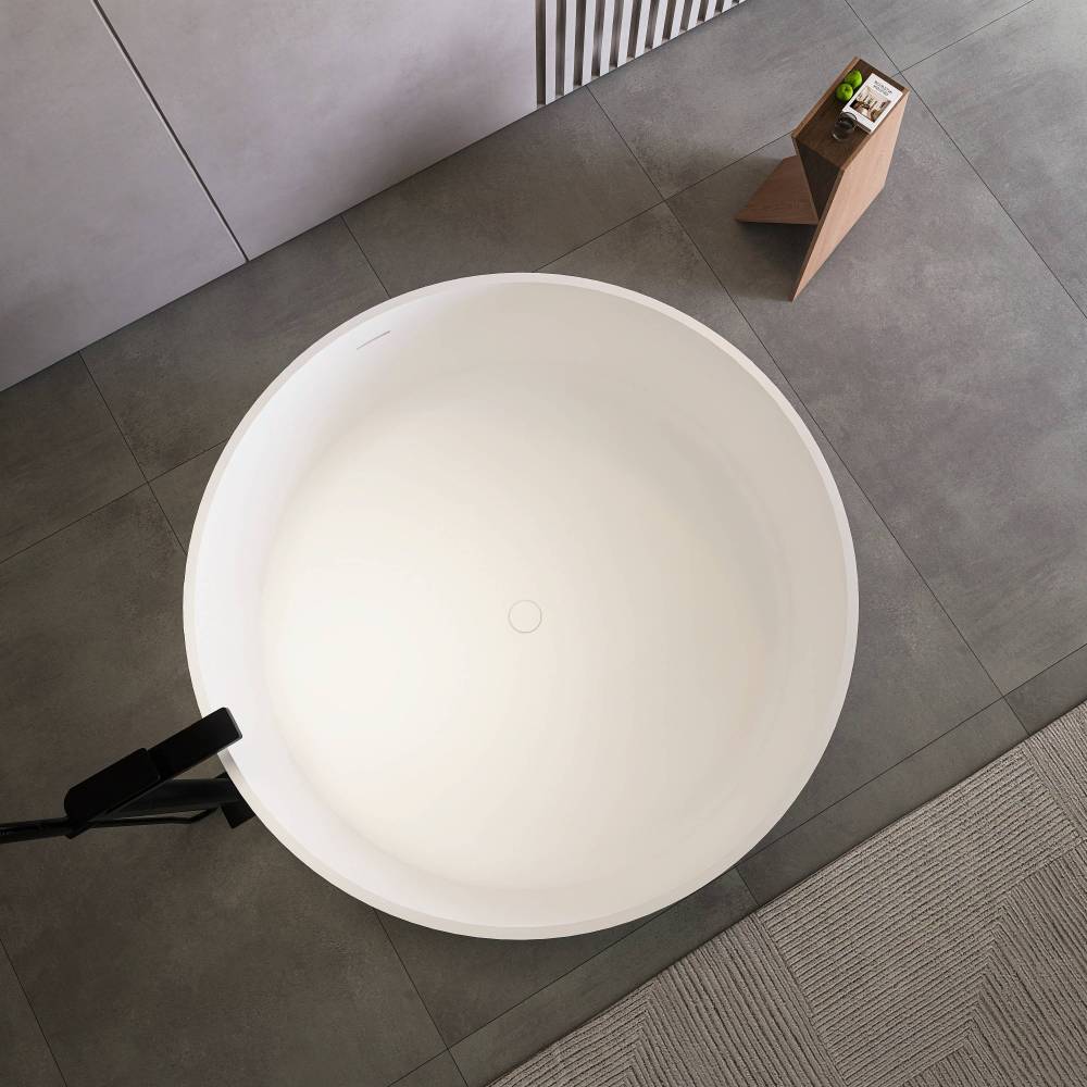 Moray 49 in. x 49 in. Round Solid Surface Stone Resin Flat Bottom Freestanding Soaking Bathtub in White