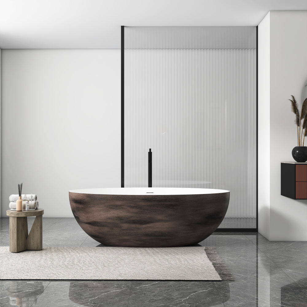 Moray 67 in. x 40 in. Stone Resin Flatbottom Solid Surface Freestanding Double Slipper Soaking Bathtub in Metallic Paint