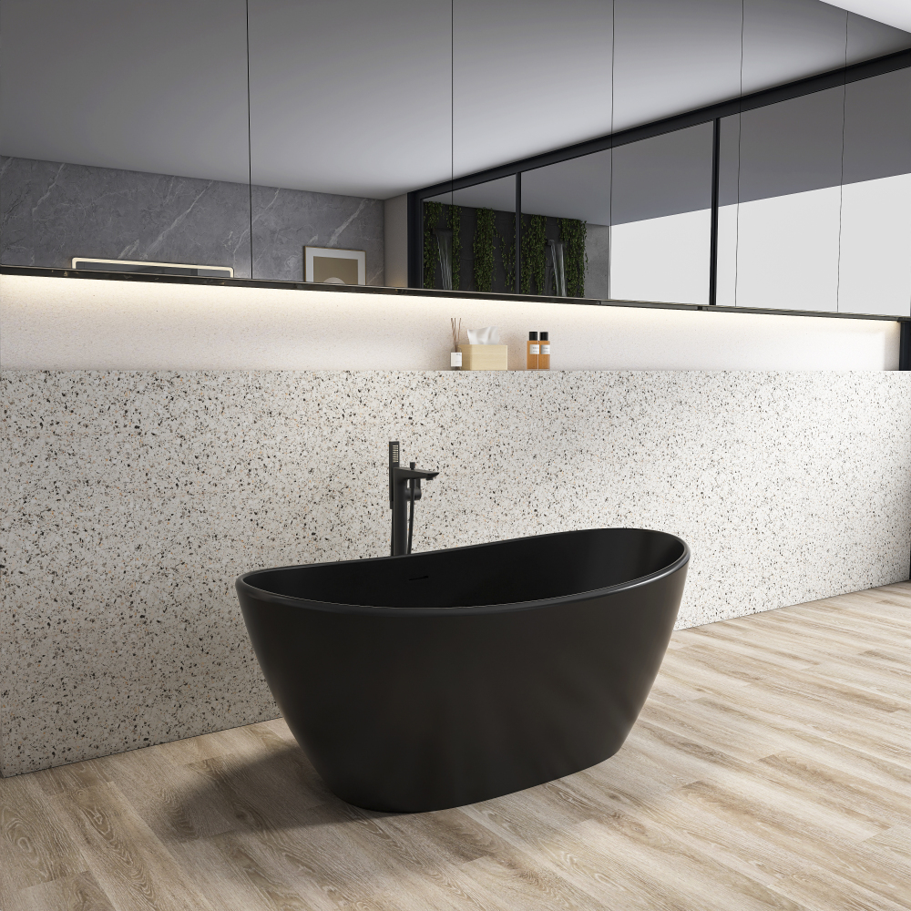 Moray 61 in. x 31.5 in. Solid Surface Stone Resin Flatbottom Freestanding Bathtub Soaking Bathtub in Matte Black