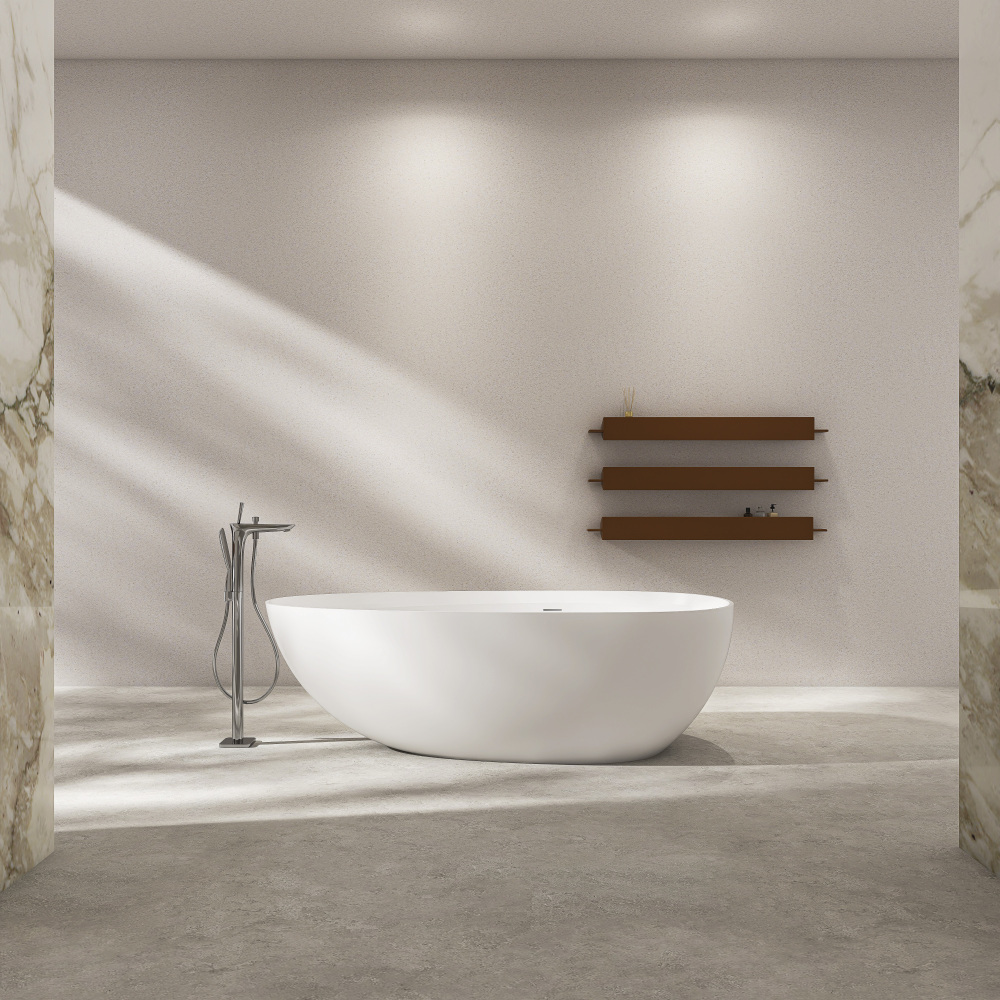 Moray 71 in. x 35.5 in. Solid Surface Stone Resin Freestanding Flat Bottom Soaking Bathtub in Matte White