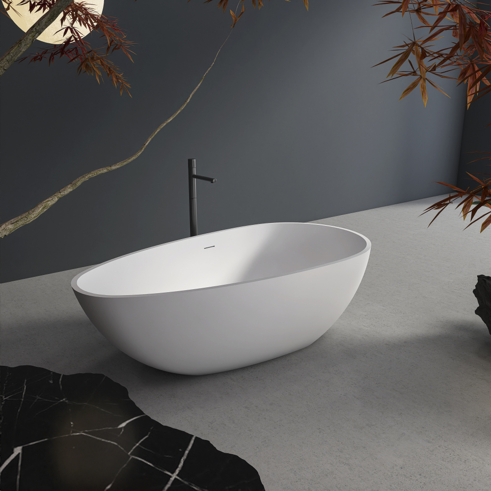 Foyil 67 in. x 34 in. Solid Surface Stone Resin Flatbottom Freestanding Bathtub Soaking Bathtub in Matte White