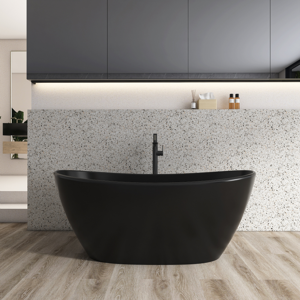Moray 61 in. x 31.5 in. Solid Surface Stone Resin Flatbottom Freestanding Bathtub Soaking Bathtub in Matte Black