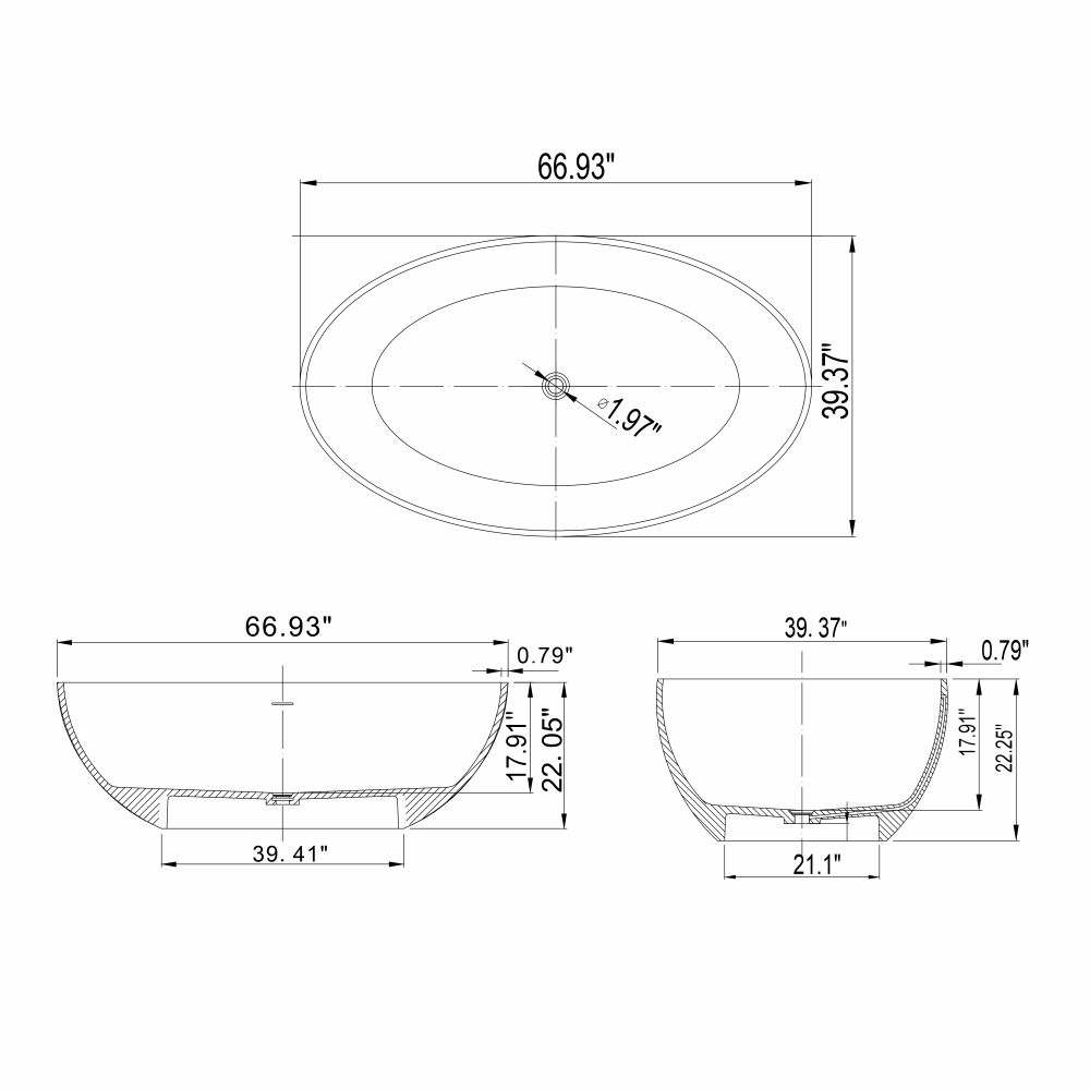 Moray 67 in. x 40 in. Stone Resin Flatbottom Solid Surface Freestanding Double Slipper Soaking Bathtub in Metallic Paint