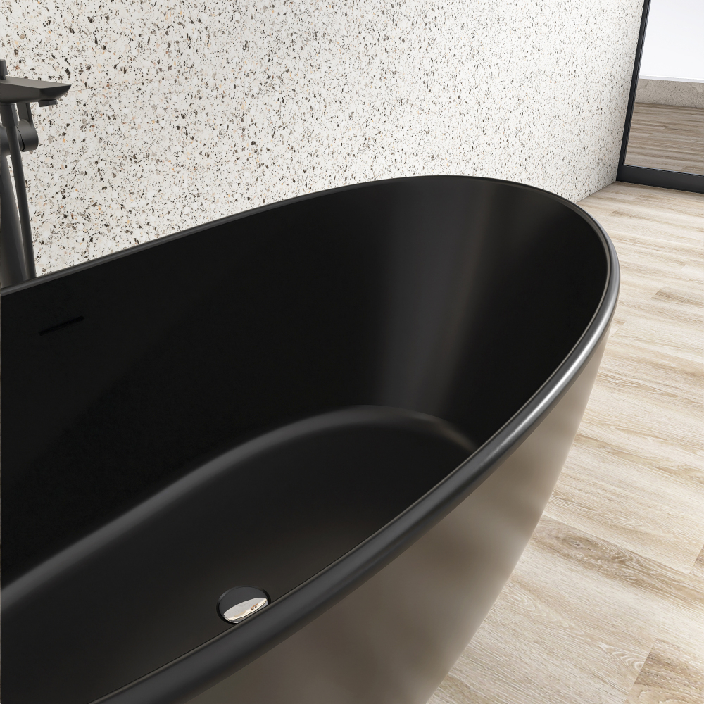 Moray 61 in. x 31.5 in. Solid Surface Stone Resin Flatbottom Freestanding Bathtub Soaking Bathtub in Matte Black