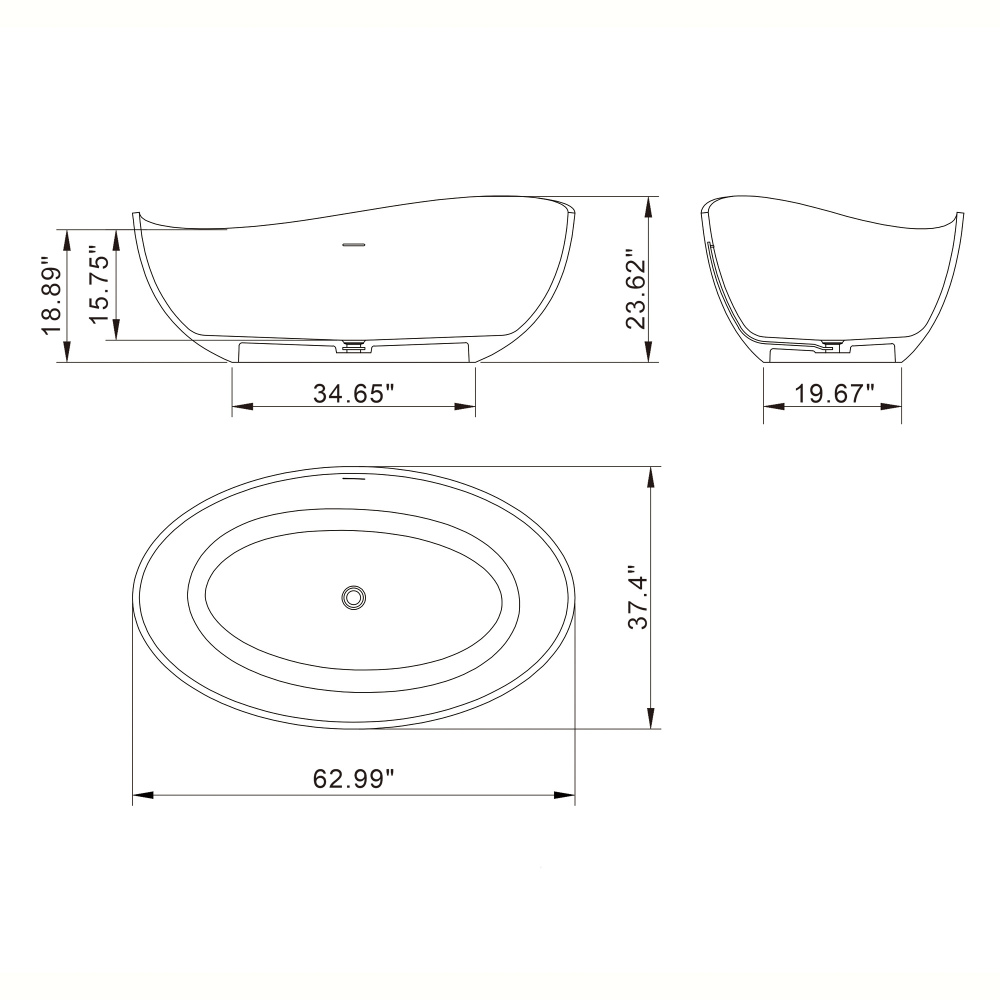 Moray 63 in. x 37 in. Solid Surface Stone Resin Flatbottom Freestanding Bathtub Soaking Bathtub in Matte Black