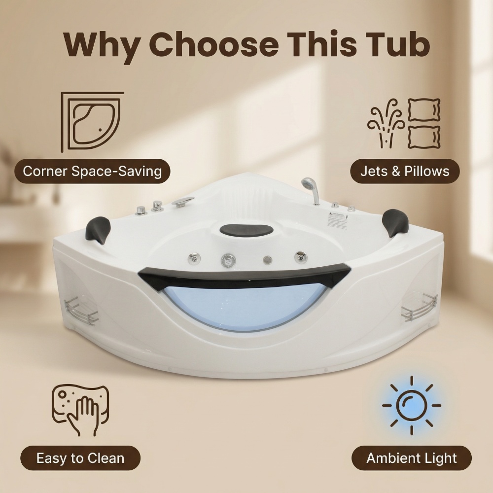 59 in. x 59 in. Acrylic Corner Whirlpool Bathtub with Left Drain, 6-Hydromassage Jets, and Pneumatic Controls