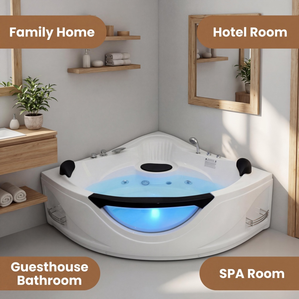 59 in. x 59 in. Acrylic Corner Whirlpool Bathtub with Left Drain, 6-Hydromassage Jets, and Pneumatic Controls