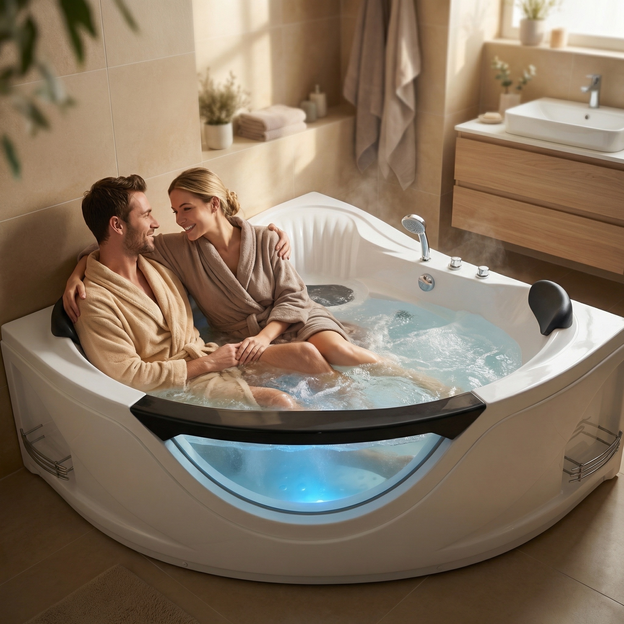 59 in. x 59 in. Acrylic Corner Whirlpool Bathtub with Left Drain, 6-Hydromassage Jets, and Pneumatic Controls