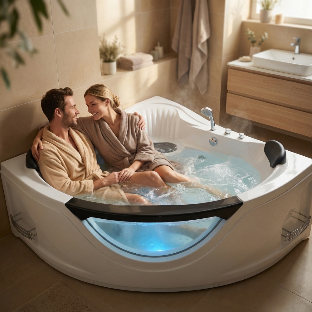 59 in. x 59 in. Acrylic Corner Whirlpool Bathtub with Left Drain, 6-Hydromassage Jets, and Pneumatic Controls