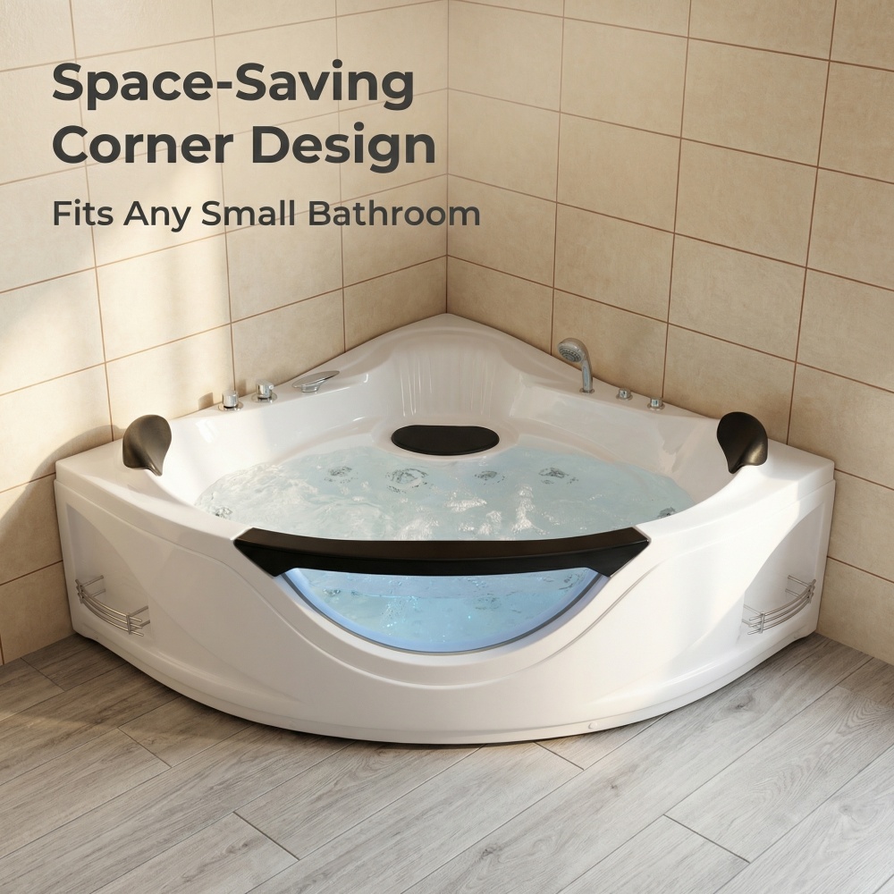 59 in. x 59 in. Acrylic Corner Whirlpool Bathtub with Left Drain, 6-Hydromassage Jets, and Pneumatic Controls