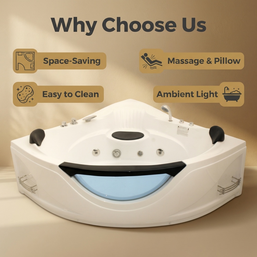 59 in. x 59 in. Acrylic Corner Whirlpool Bathtub with Left Drain, 6-Hydromassage Jets, and Pneumatic Controls