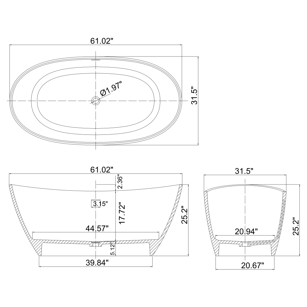 Moray 61 in. x 31.5 in. Solid Surface Stone Resin Flatbottom Freestanding Bathtub Soaking Bathtub in Matte Black