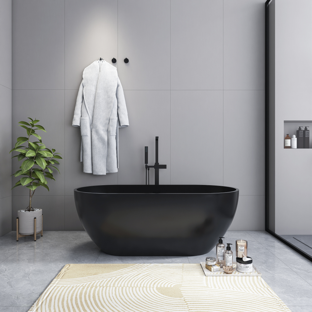 Moray 59 in. x 30 in. Solid Surface Stone Resin Flatbottom Freestanding Double Slipper Soaking Bathtub in Matte Black