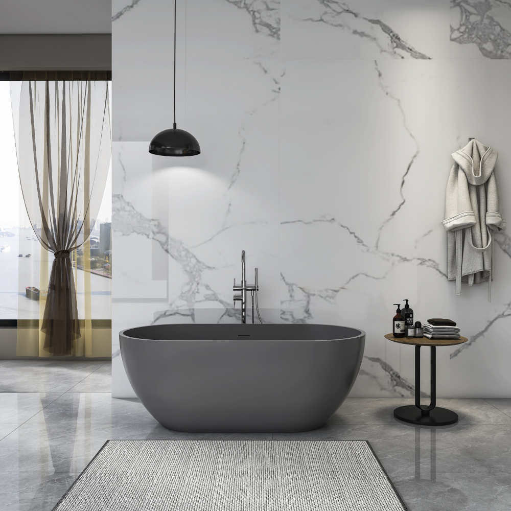 Moray 59 in. x 30 in. Solid Surface Stone Resin Flatbottom Freestanding Double Slipper Soaking Bathtub in Matte Gray