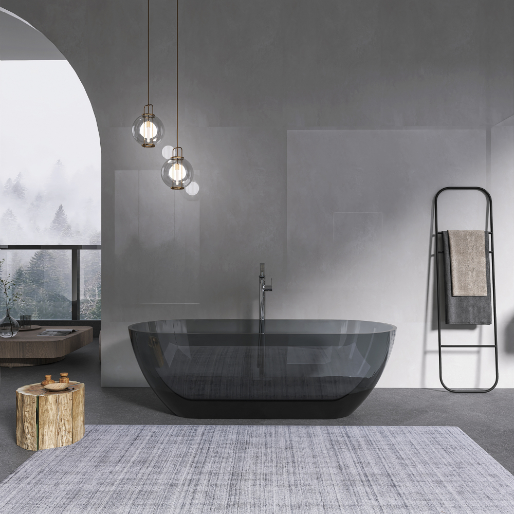 Moray 69 in. x 29.5 in. Solid Surface Stone Resin Flatbottom Freestanding Soaking Bathtub in Translucent black