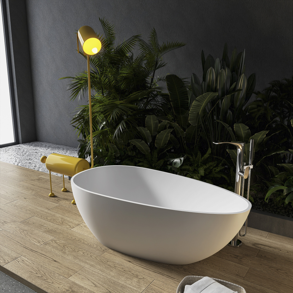 Foyil 59 in. x 31 in. Solid Surface Stone Resin Flatbottom Freestanding Bathtub Soaking Bathtub in Matte White