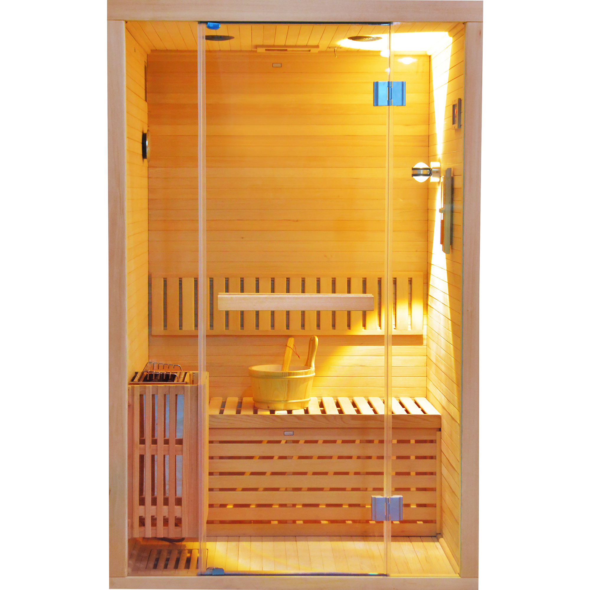 Moray 2-Person Traditional Indoor Hemlock Wet/Dry Sauna with Steam Metal Heater, Volcanic Sauna Stones, and Accessories