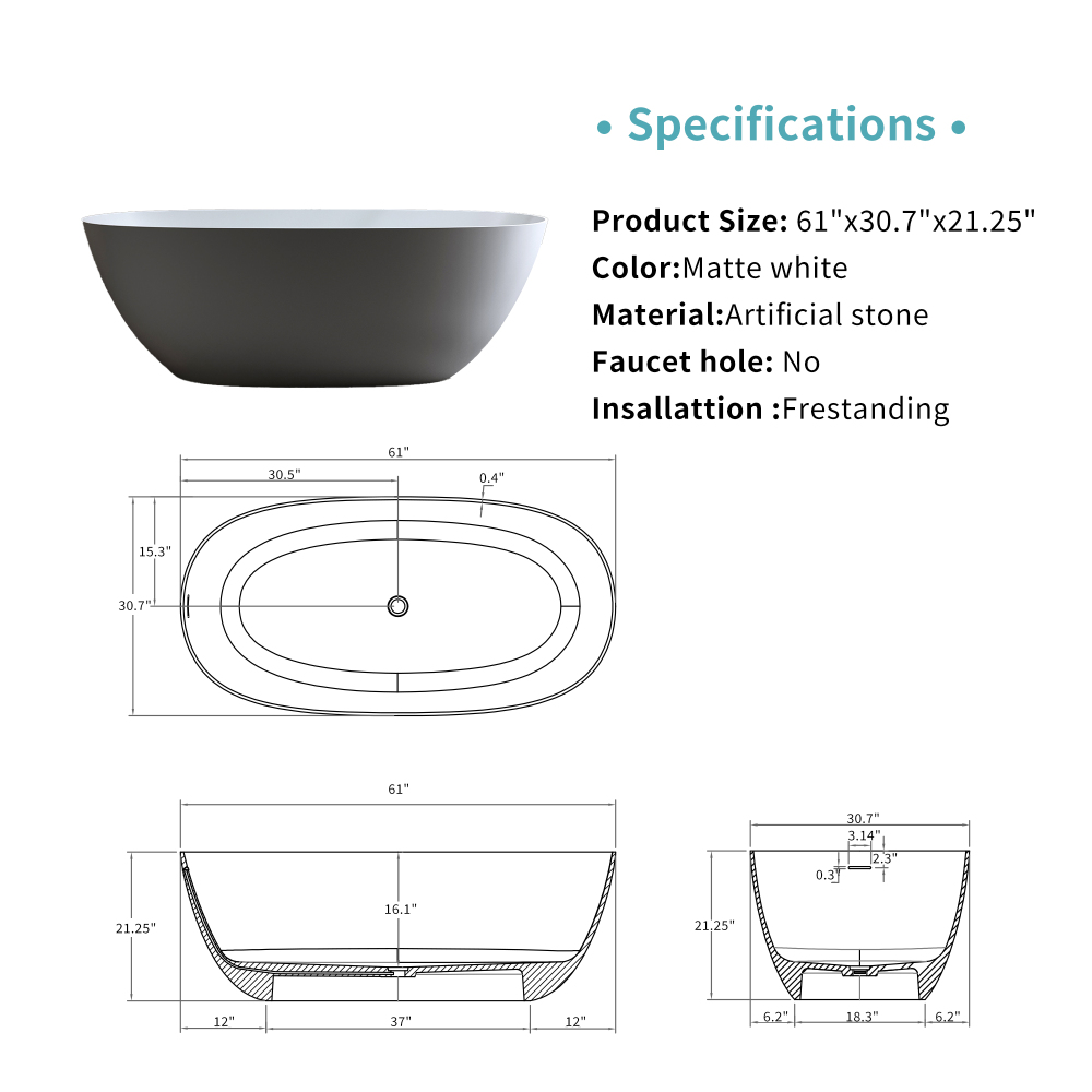Moray 61 in. x 31 in. Solid Surface Stone Resin Flat Bottom Freestanding Thin-Edge Soaking Bathtub in Matte White