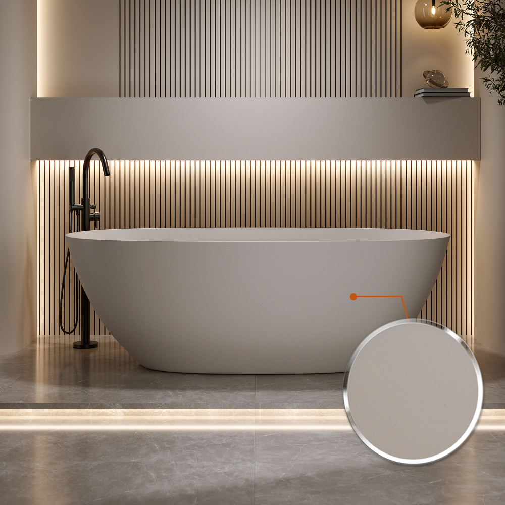 Moray 69 in. x 32 in. Solid Surface Stone Resin Flat Bottom Freestanding Thin-Edge Soaking Bathtub in Terrazzo Beige