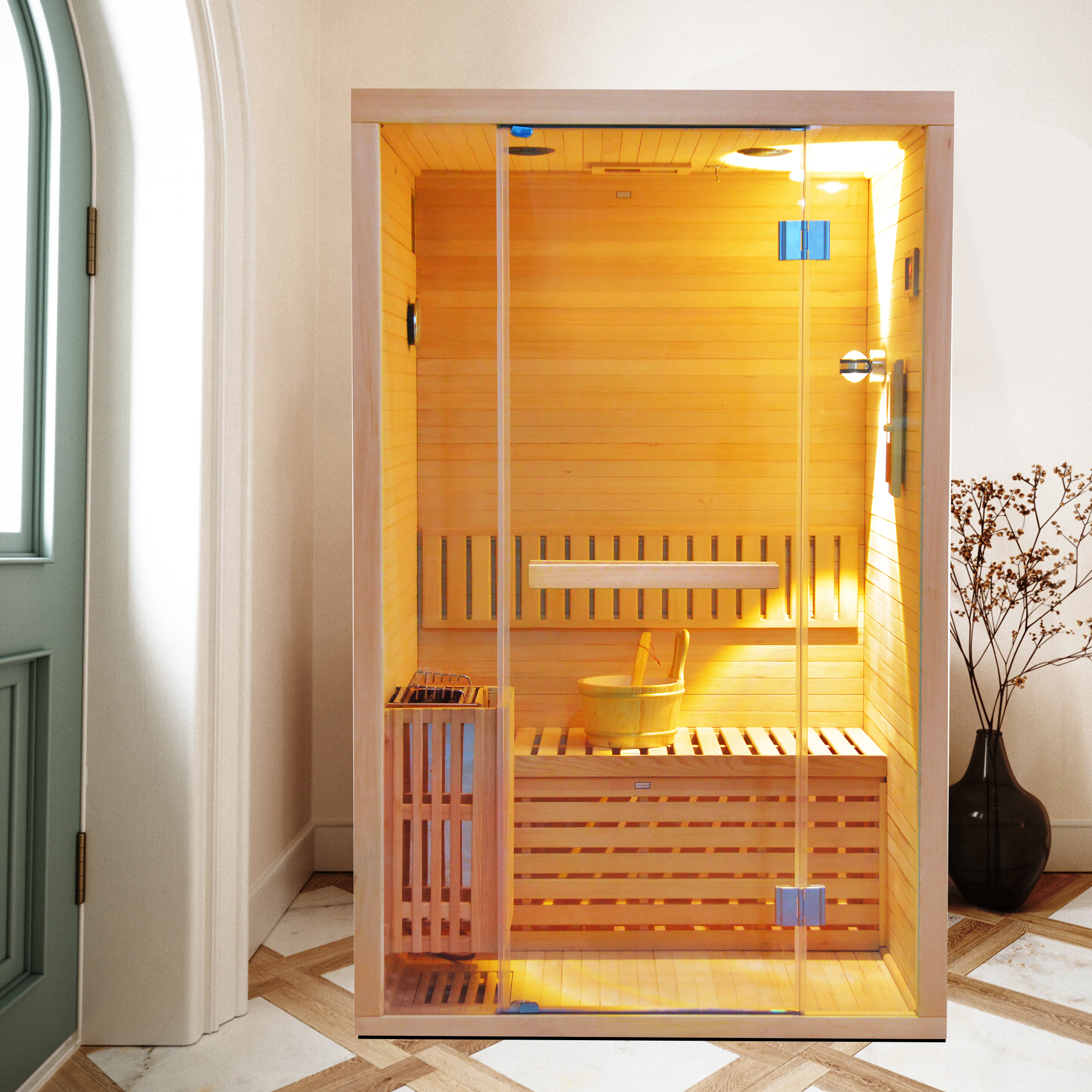 Moray 2-Person Traditional Indoor Hemlock Wet/Dry Sauna with Steam Metal Heater, Volcanic Sauna Stones, and Accessories