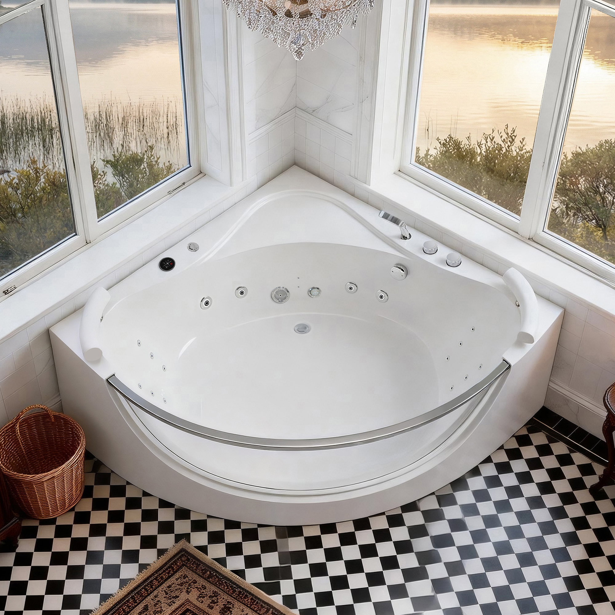 2 Person Acrylic Corner Whirlpool Bathtub 59 Inch 16 Jet Hydro Massage Bathtub With Heater Rainbow Light UL Certified Spa