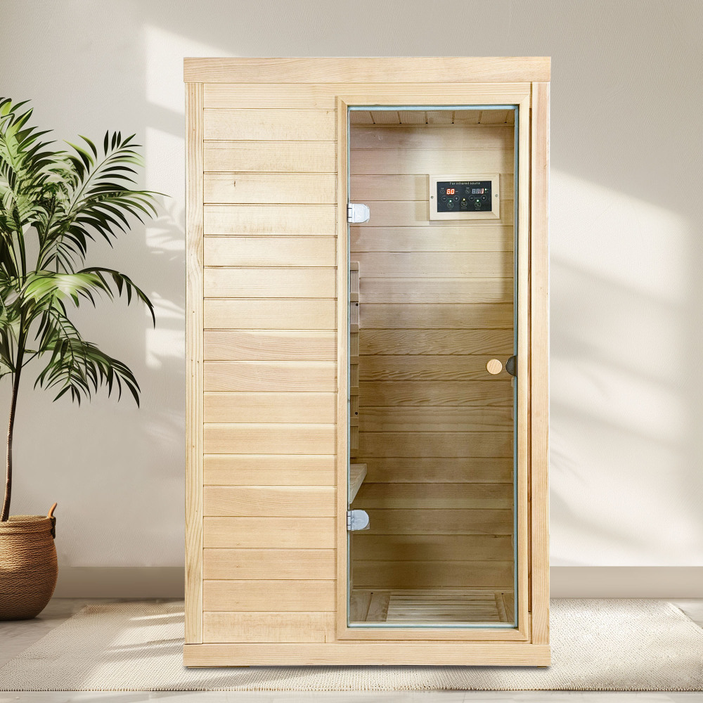 Moray 1-Person Indoor Infrared Sauna in Hemlock with Bluetooth Speaker, Red Light, 6-Heating Panels, 1050W