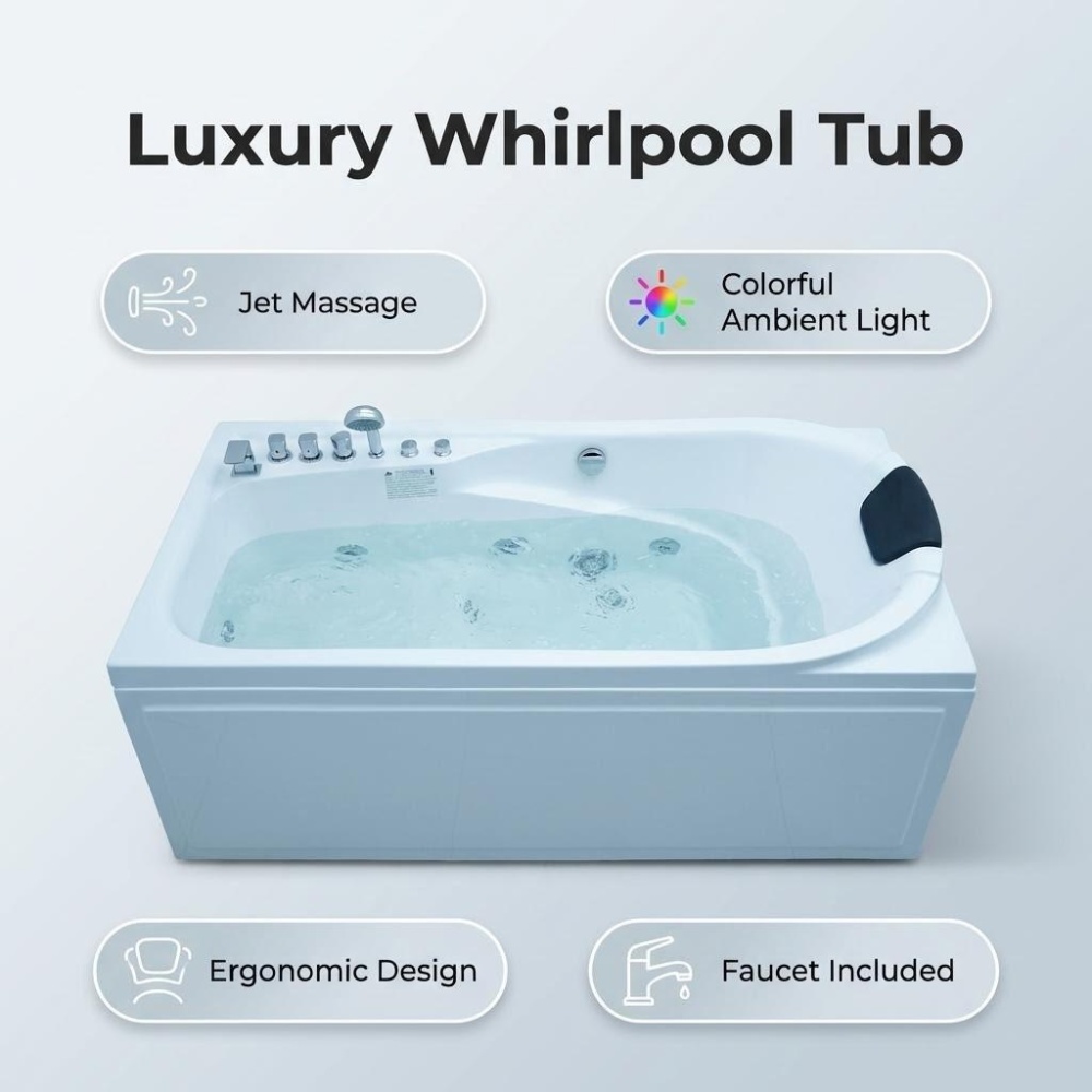 67 in. x 34 in. Acrylic Whirlpool Bathtub with Center Drain,White