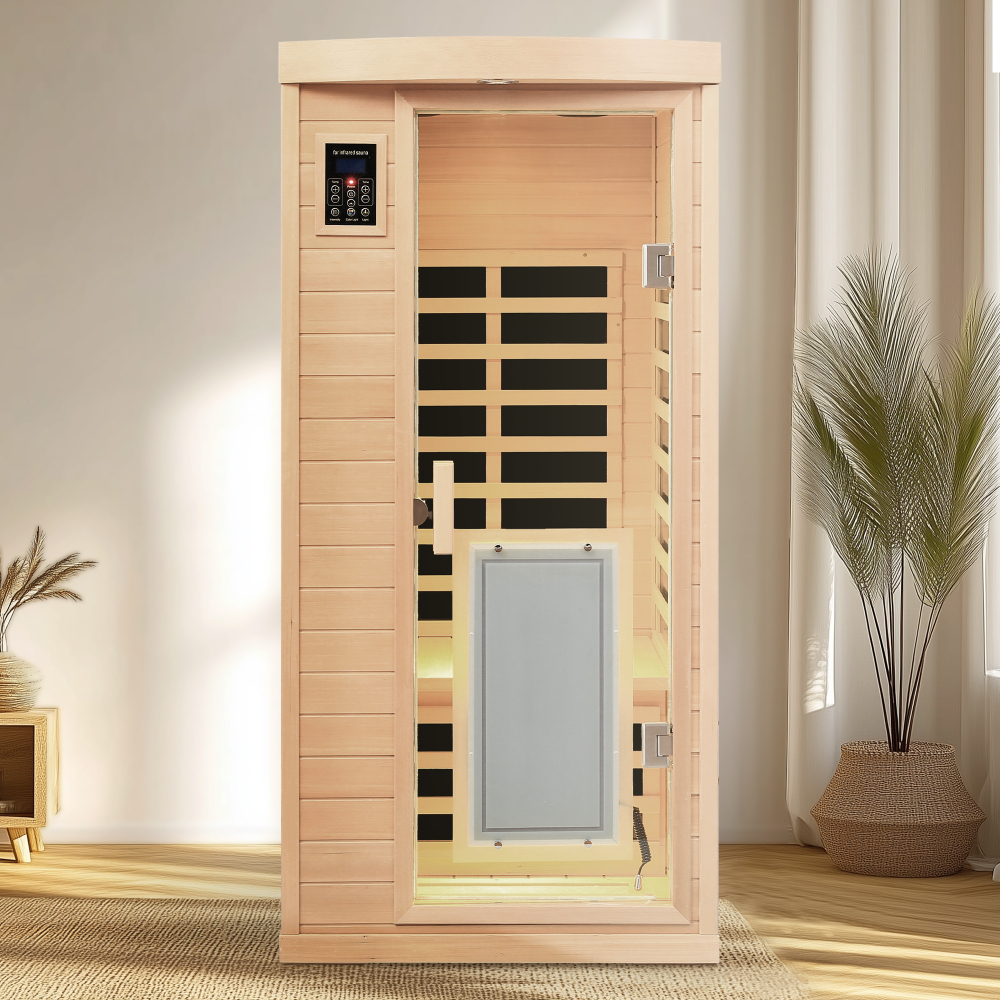 Moray 1-Person Indoor Hemlock infrared Sauna with 8 Far-Infrared Carbon Crystal Heaters and Chromotherapy