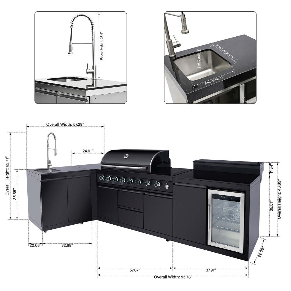 Xspracer Outdoor Kitchen Island 95.8 Inch 6+1 Burner Propane Gas BBQ Grill 95500 BTU 304 Stainless Steel Black Color With CSA, ETL Certification + Sink + Refrigerator + Bar Table