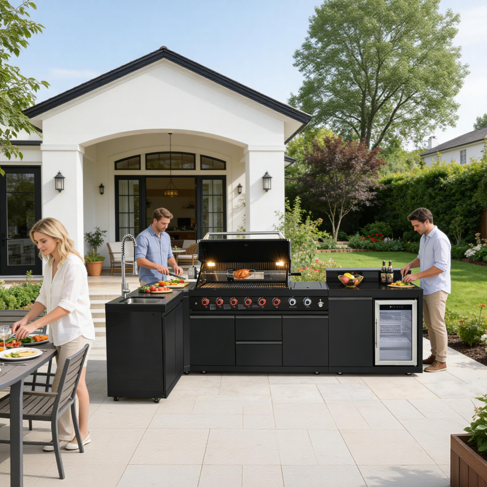 Xspracer Outdoor Kitchen Island 95.8 Inch 6+1 Burner Propane Gas BBQ Grill 95500 BTU 304 Stainless Steel Black Color With CSA, ETL Certification + Sink + Refrigerator + Bar Table