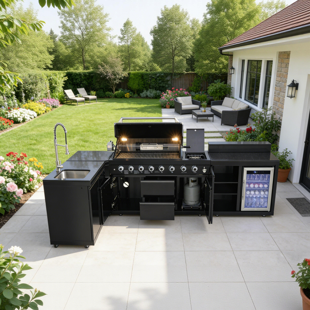 Xspracer Outdoor Kitchen Island 95.8 Inch 6+1 Burner Propane Gas BBQ Grill 95500 BTU 304 Stainless Steel Black Color With CSA, ETL Certification + Sink + Refrigerator + Bar Table
