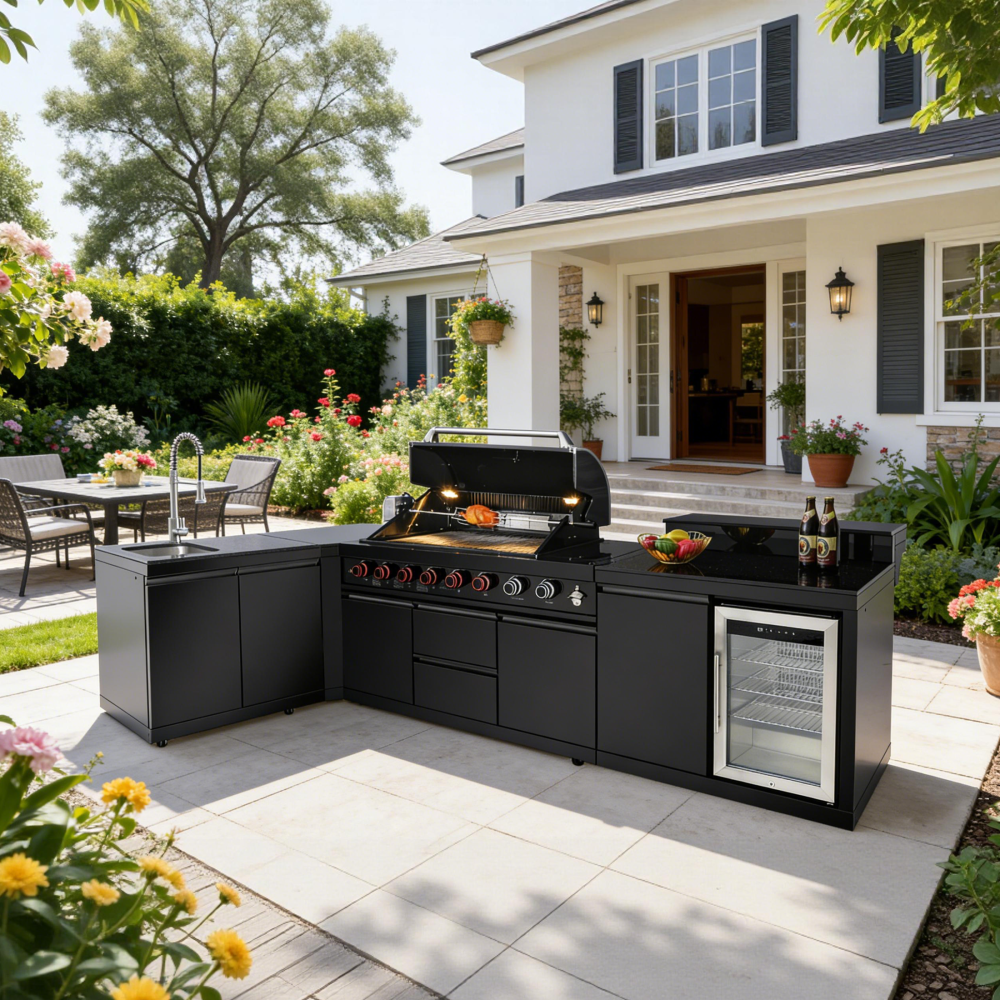 Xspracer Outdoor Kitchen Island 95.8 Inch 6+1 Burner Propane Gas BBQ Grill 95500 BTU 304 Stainless Steel Black Color With CSA, ETL Certification + Sink + Refrigerator + Bar Table