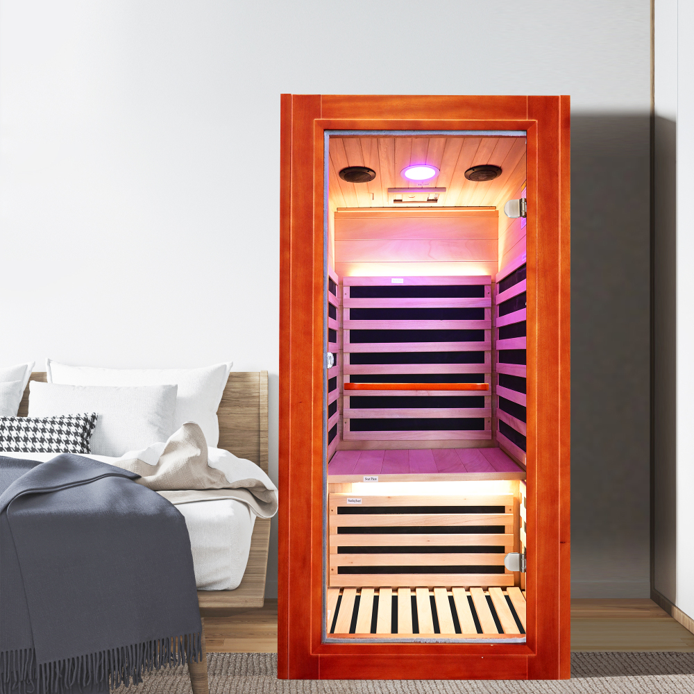 Moray 1-Person Indoor Okoume Wood Infrared Sauna with 7-Far-Infrared Heaters