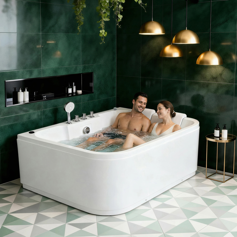 61 Inch Acrylic Whirlpool Massage Bathtub for 2 Person 16 Water Jets LED Lights Heater for Jacuzzi Spa Massage
