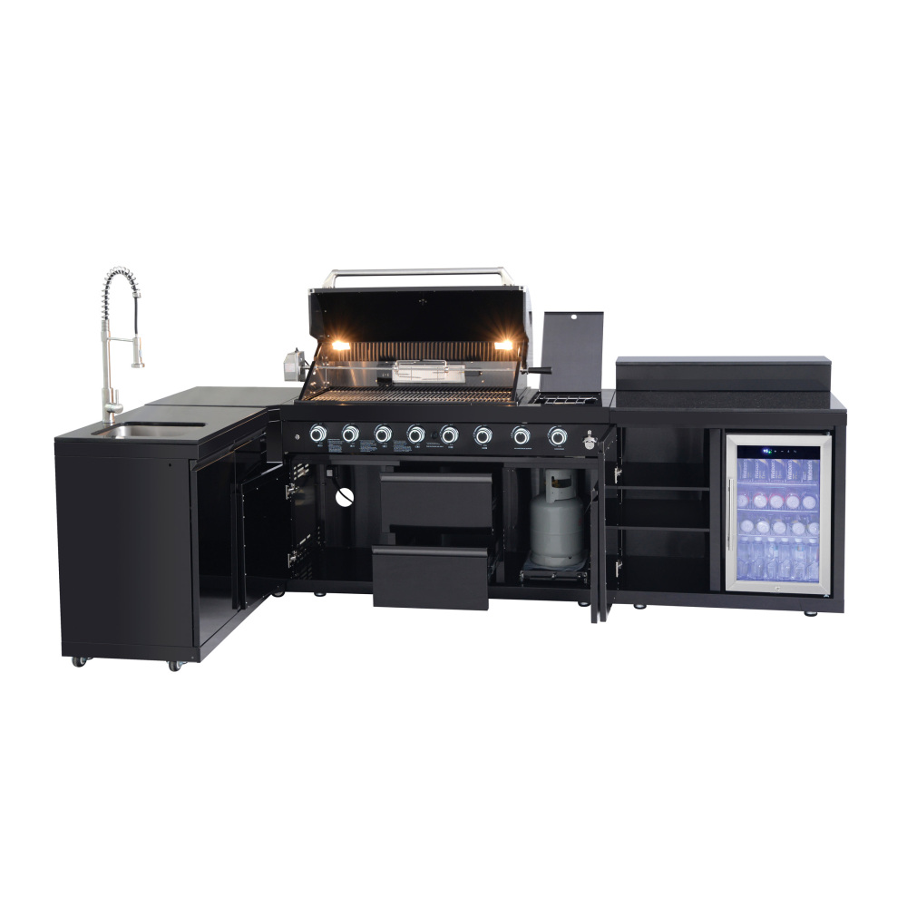 Xspracer Outdoor Kitchen Island 95.8 Inch 6+1 Burner Propane Gas BBQ Grill 95500 BTU 304 Stainless Steel Black Color With CSA, ETL Certification + Sink + Refrigerator + Bar Table