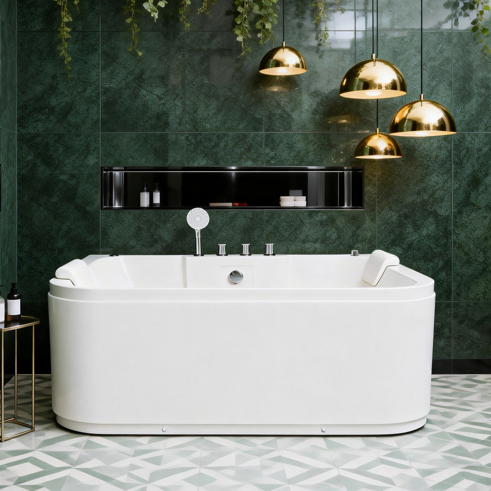 61 Inch Acrylic Whirlpool Massage Bathtub for 2 Person 16 Water Jets LED Lights Heater for Jacuzzi Spa Massage