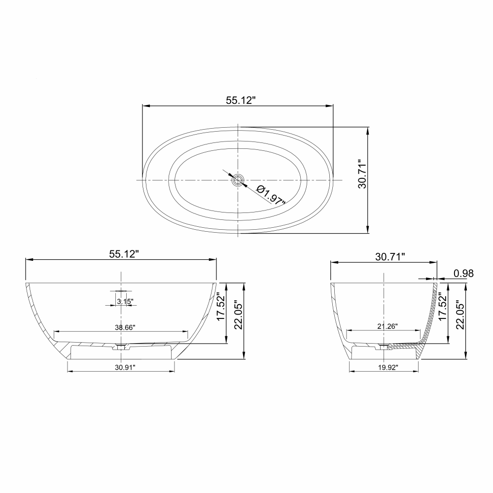 Moray 55 in. x 31 in. Solid Surface Stone Resin Flatbottom Freestanding Bathtub Soaking Bathtub in Matte Black