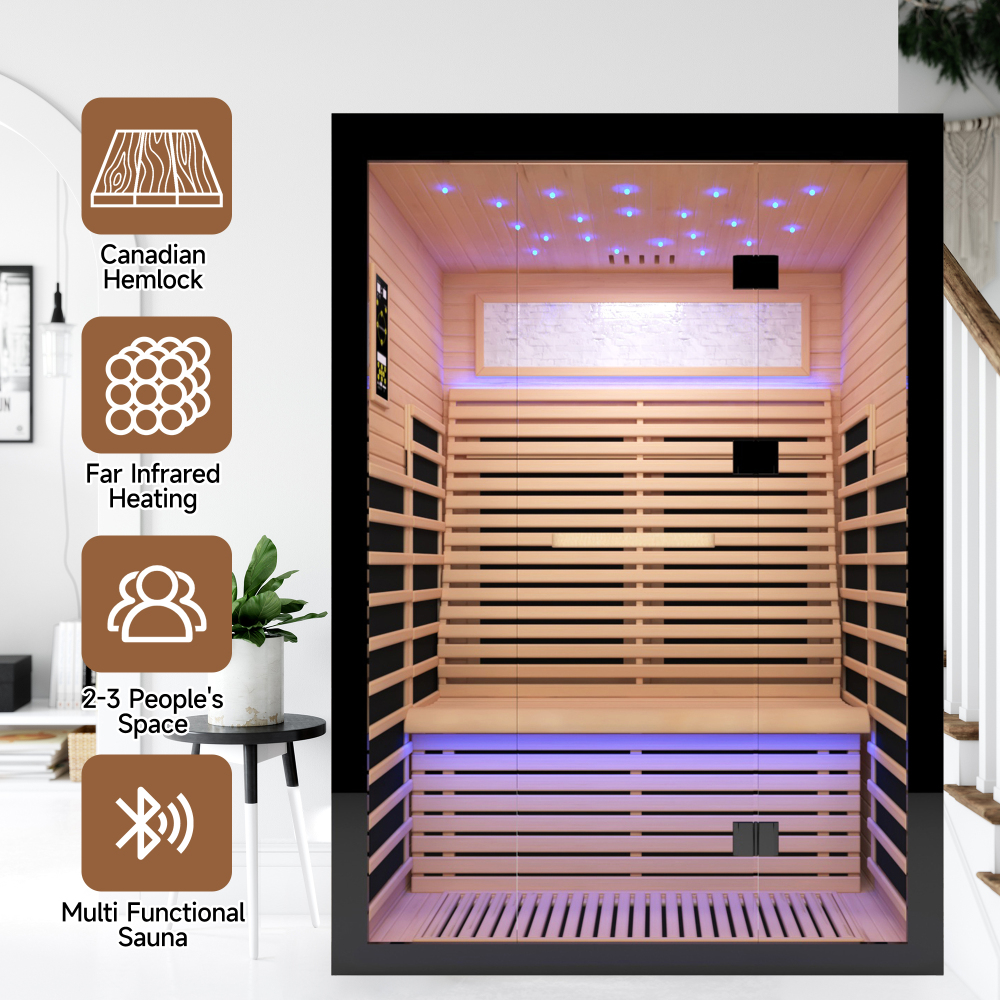 Felixo 2-Person Indoor Canadian Hemlock Luxury Far Infrared Sauna with 8-Heating Panels and Chromotherapy Lights