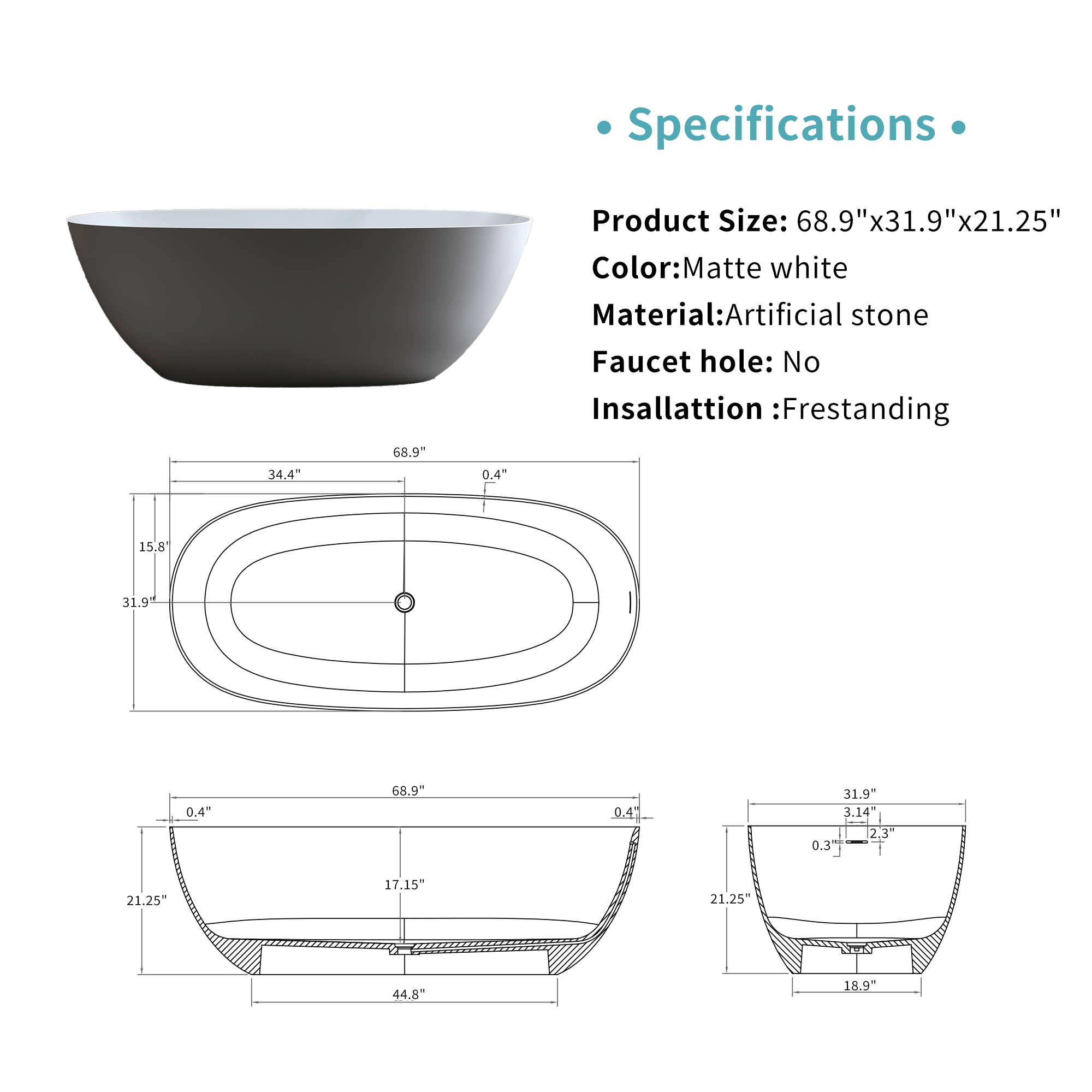 Moray 69 in. x 32 in. Solid Surface Stone Resin Flat Bottom Freestanding Thin-Edge Soaking Bathtub in Matte White