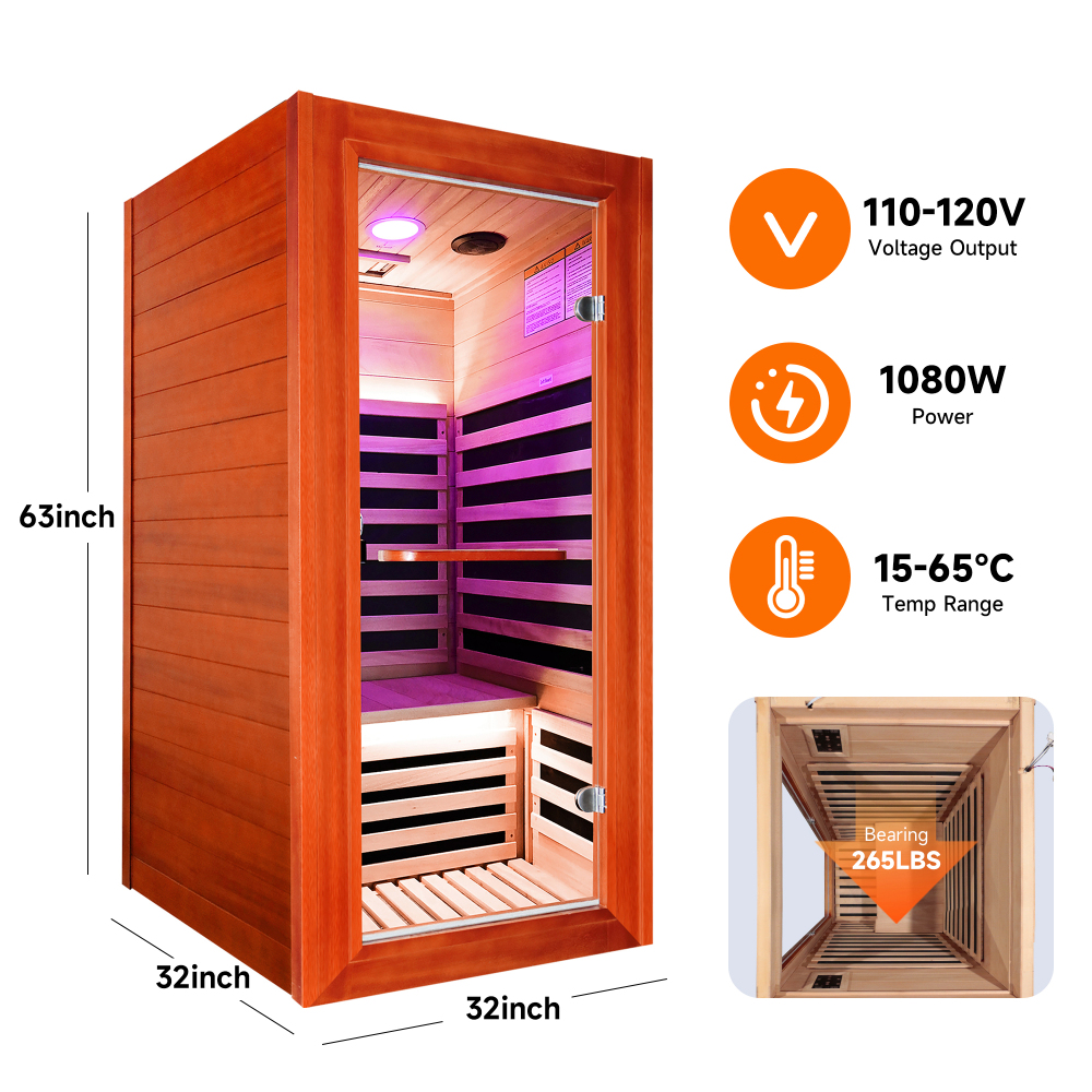 Moray 1-Person Indoor Okoume Wood Infrared Sauna with 7-Far-Infrared Heaters