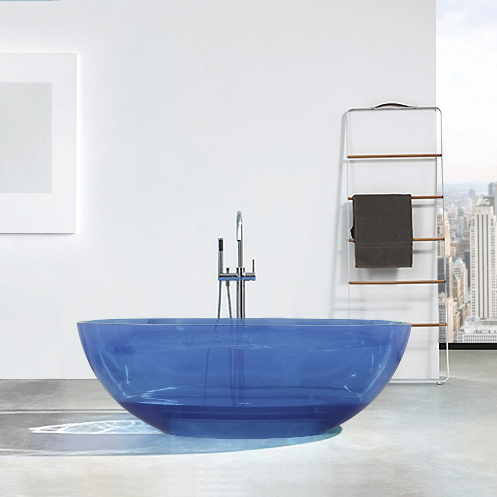 Moray 64 in. x 29 in. Stone Resin Flatbottom Solid Surface Freestanding Soaking Bathtub in Blue with Brass Drain
