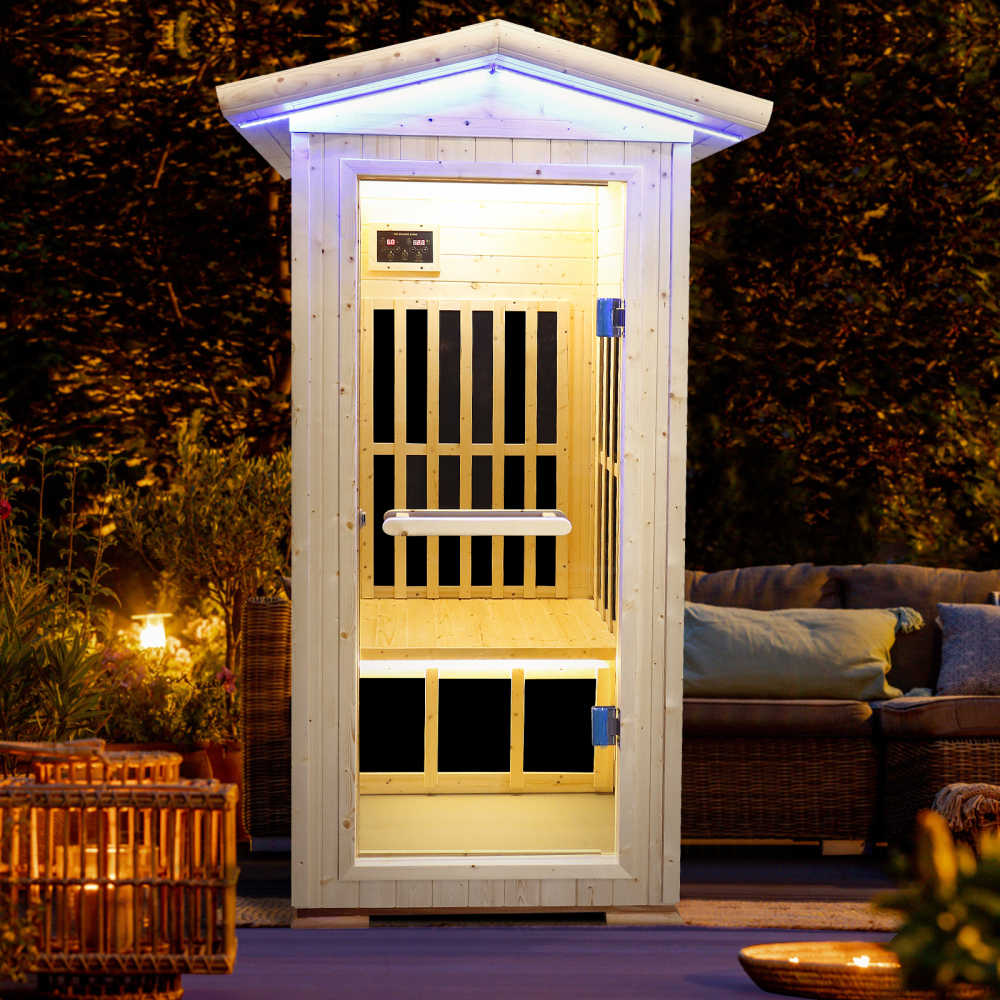 Moray 1-Person Outdoor Spruce Infrared Sauna with 7 Far-Infrared Carbon Crystal Heaters and Chromotherapy
