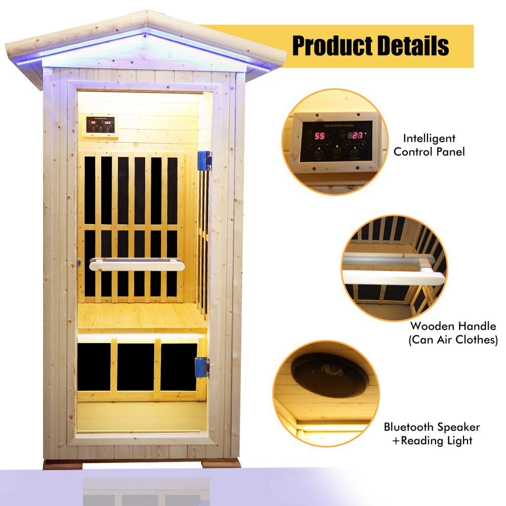 Moray 1-Person Outdoor Spruce Infrared Sauna with 7 Far-Infrared Carbon Crystal Heaters and Chromotherapy