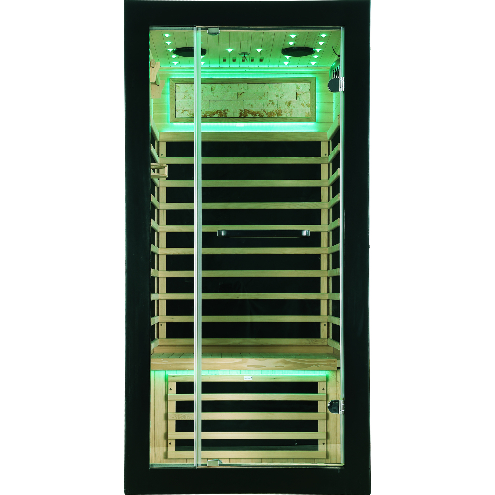 Moray 1-Person Indoor Infrared Sauna in Hemlock with Bluetooth Speakers, LED Lights, 7-Heating Panels, 1450-Watt